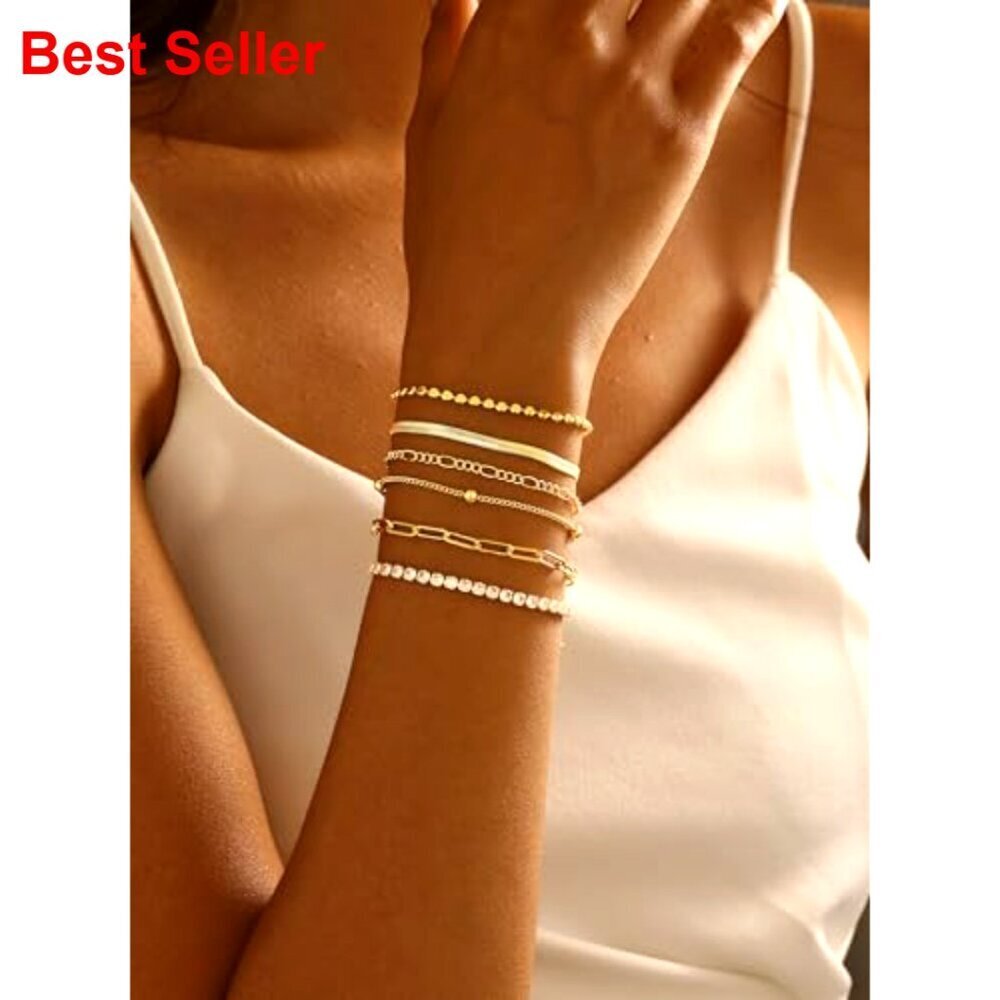 Gold Plated Bracelets Set, 6-Piece Stackable, Adjustable Length - Picture 4 of 7